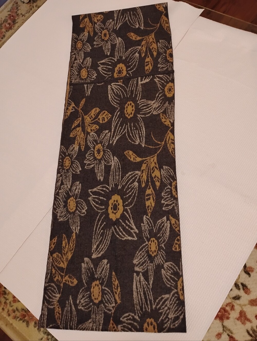 Floral Pattern Infinity Scarf 100% Silk Dark Gray and Mustard